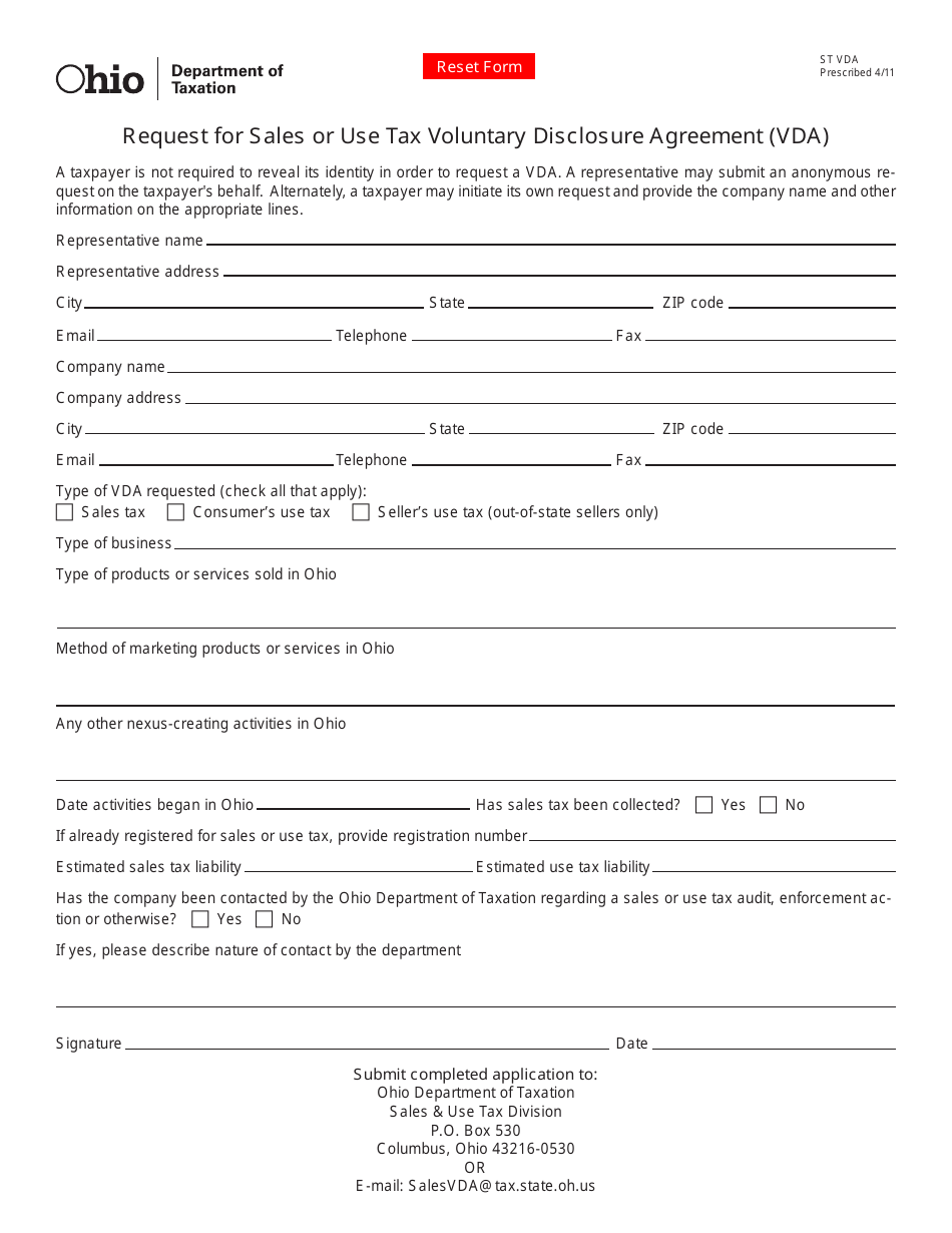 Form ST VDA Request for Sales or Use Tax Voluntary Disclosure Agreement (Vda) - Ohio, Page 1