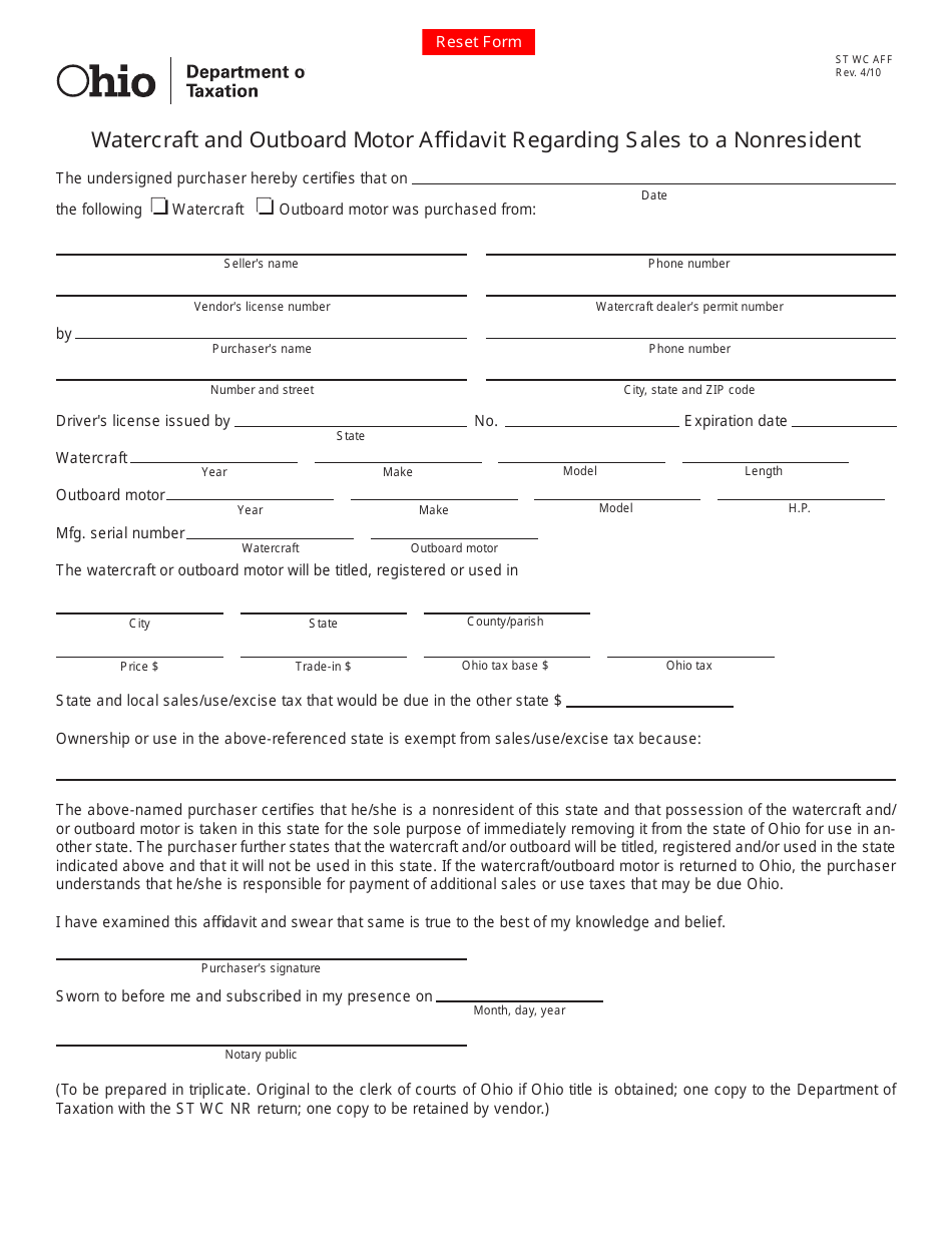 Form ST WC AFF Watercraft and Outboard Motor Affidavit Regarding Sales to an Out-of-State Resident - Ohio, Page 1