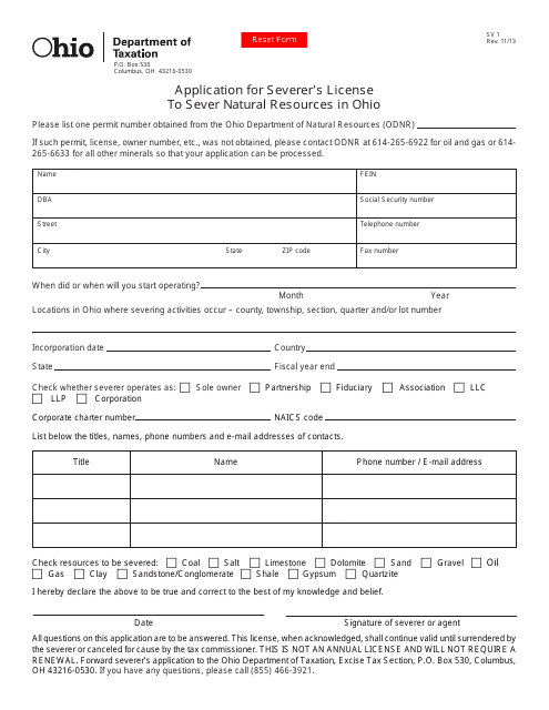 Form SV1 Application for Severer's License to Sever Natural Resources in Ohio - Ohio