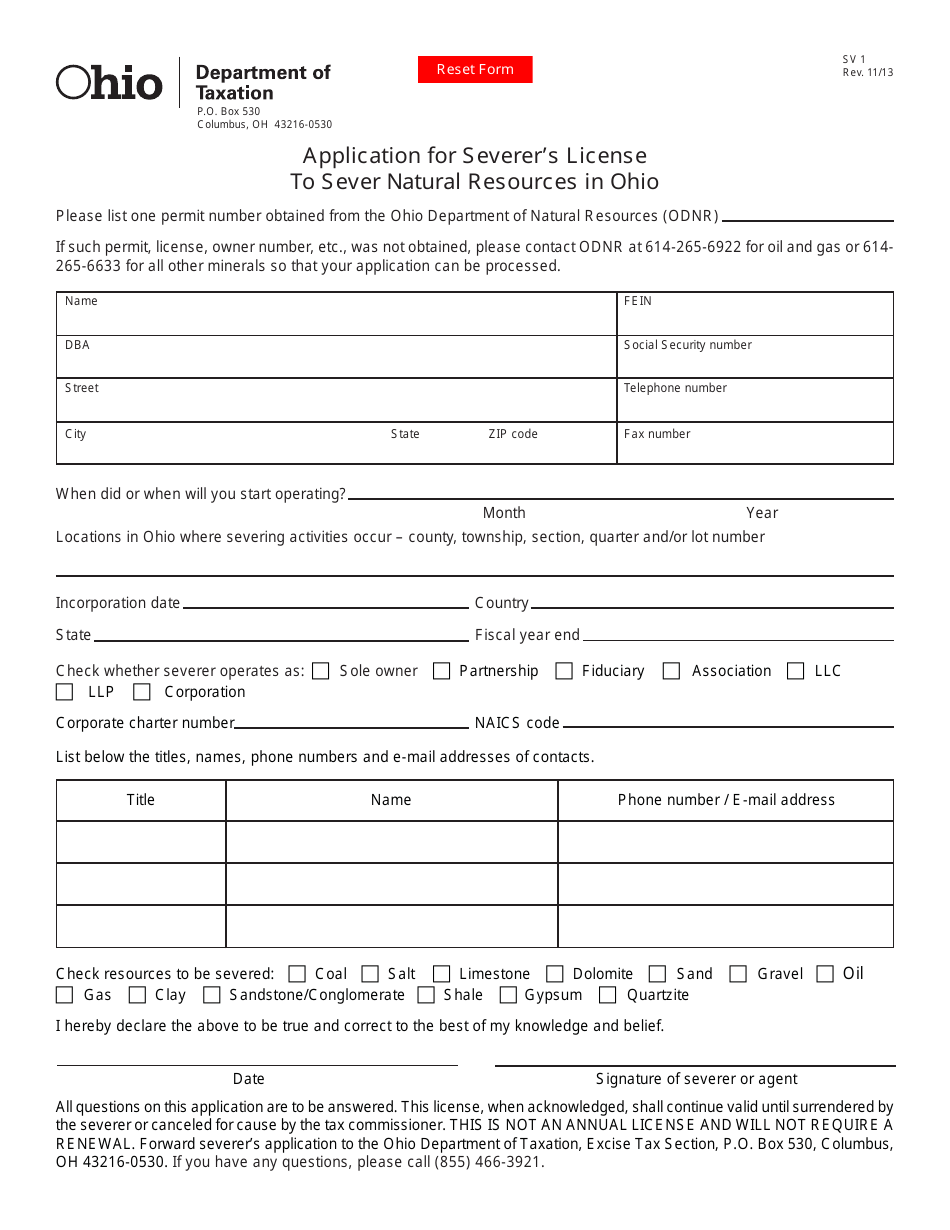 Form SV1 Application for Severers License to Sever Natural Resources in Ohio - Ohio, Page 1