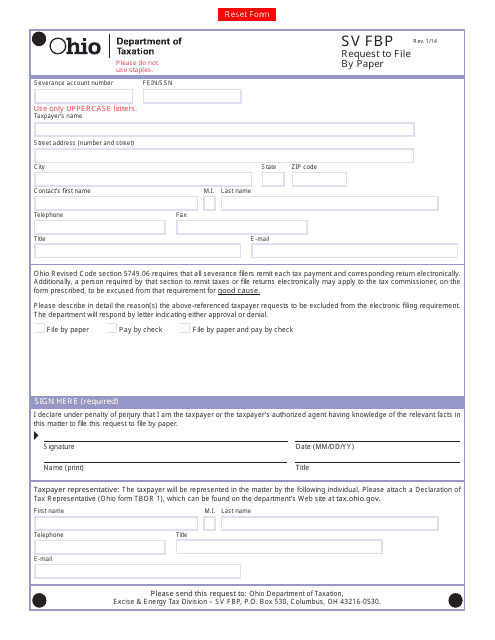 Form SV FBP Request to File by Paper - Ohio