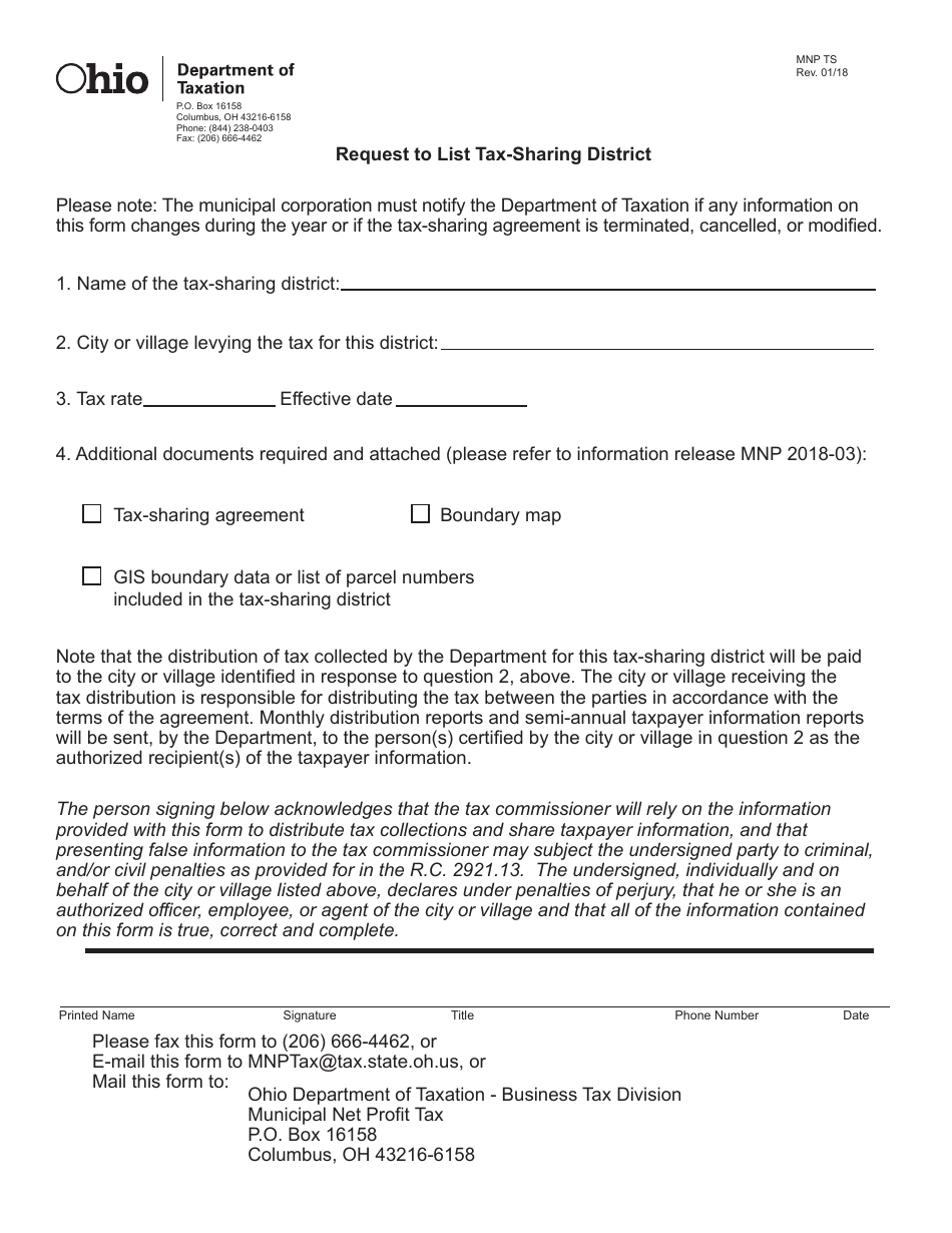 Form MNP TS Request to List Tax-Sharing District - Ohio, Page 1