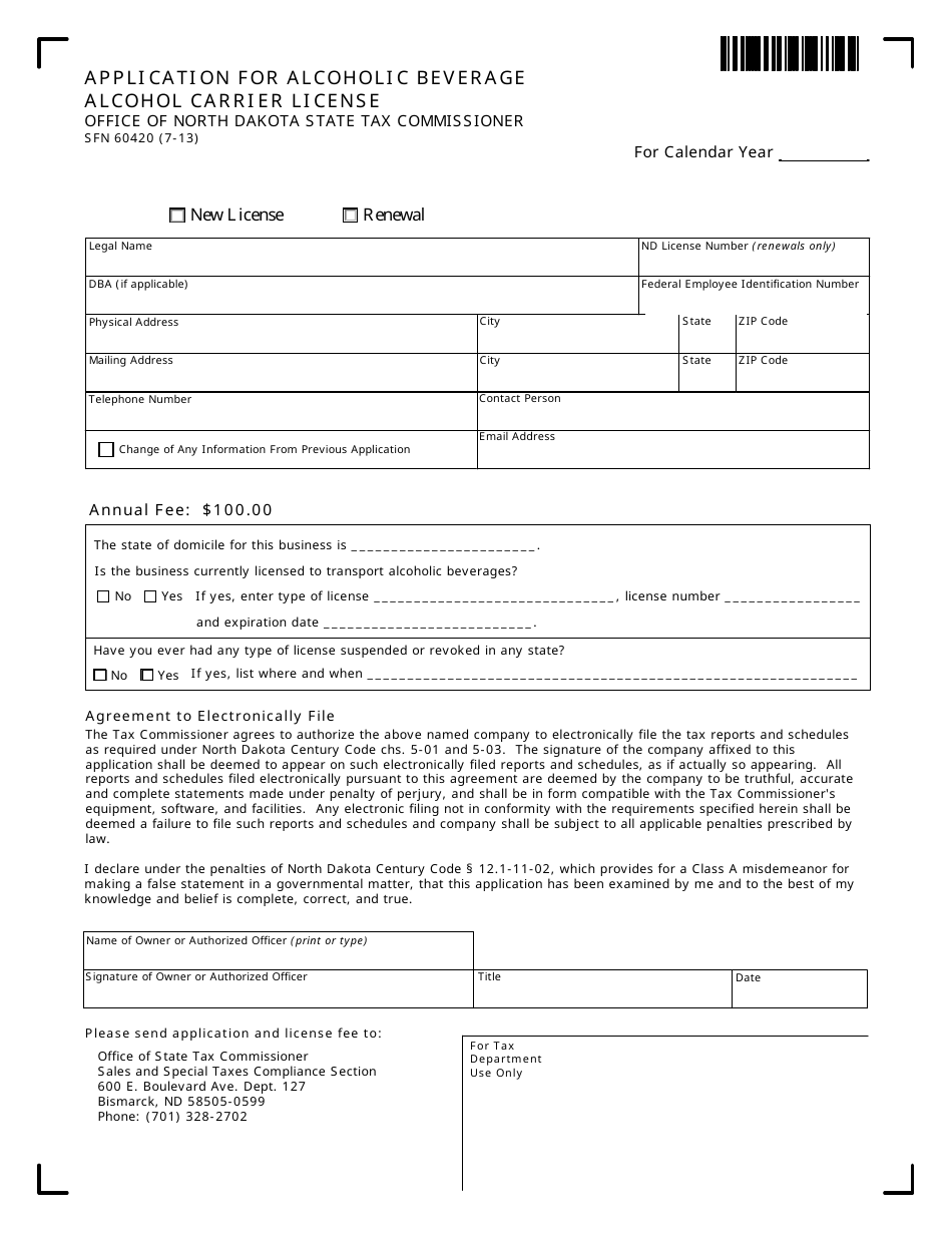 Form SFN60420 Application for Alcoholic Beverage Alcohol Carrier License - North Dakota, Page 1