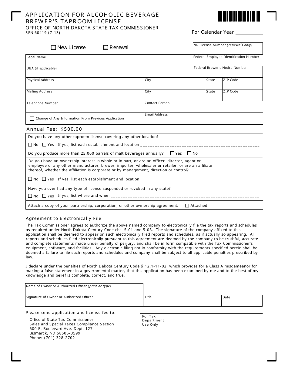 Form SFN60419 Application for Alcoholic Beverage Brewers Taproom License - North Dakota, Page 1