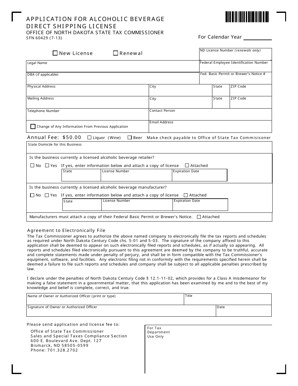 Form SFN60429 Application for Alcoholic Beverage Direct Shipping License - North Dakota, Page 1