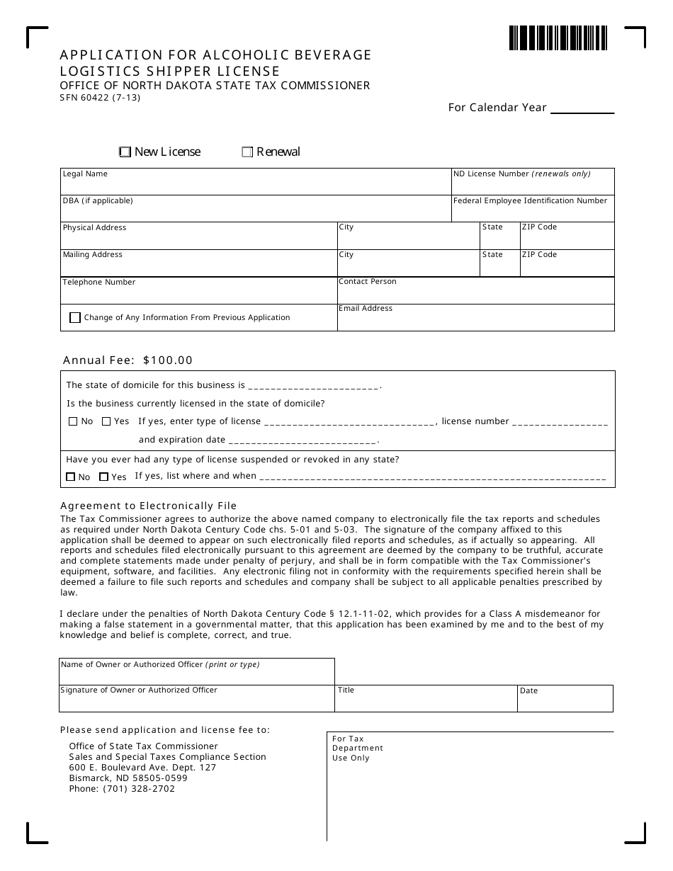 Form SFN60422 Application for Alcoholic Beverage Logistics Shipper License - North Dakota, Page 1