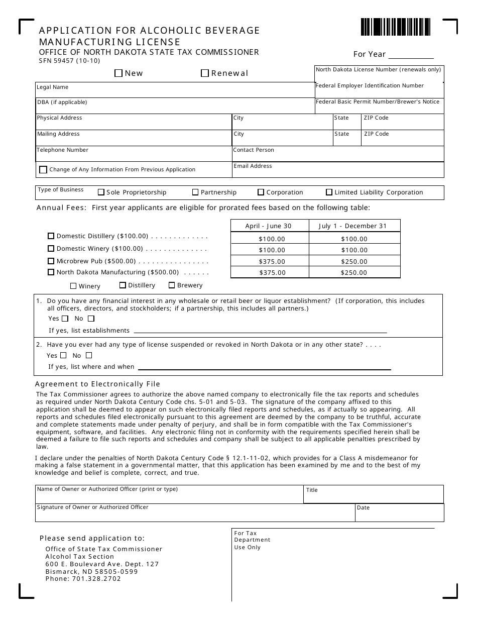 Form SFN59457 Application for Alcoholic Beverage Manufacturing License - North Dakota, Page 1