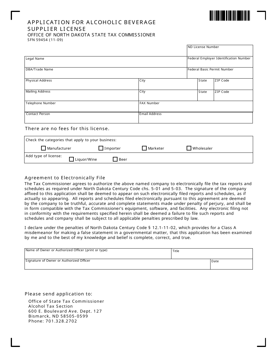 Form SFN59454 Application for Alcoholic Beverage Supplier License - North Dakota, Page 1