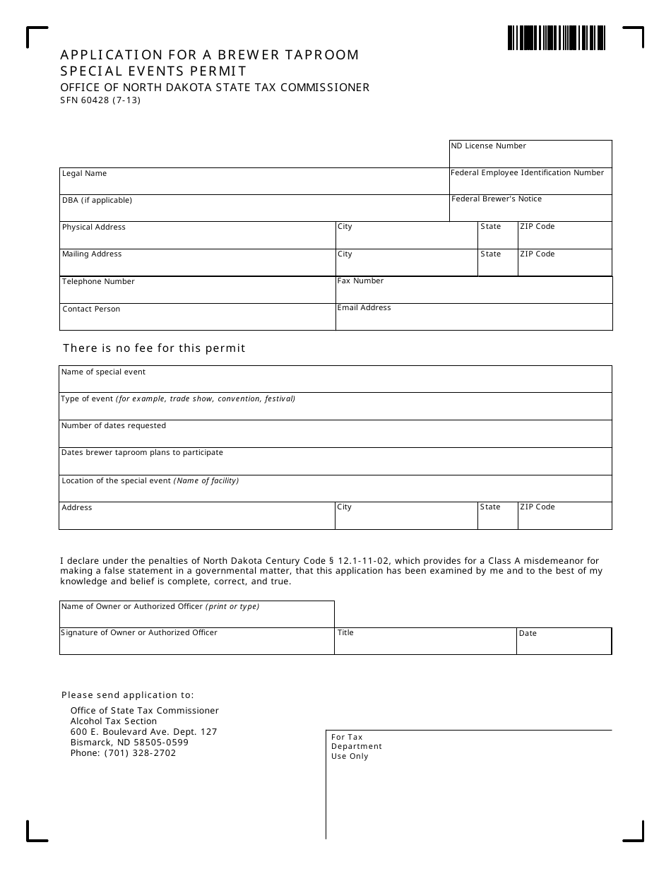 Form SFN60428 Application for a Brewer Taproom Special Events Permit - North Dakota, Page 1