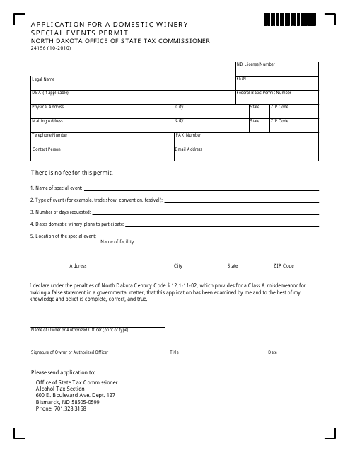 Form 24156 Application for a Domestic Winery Special Events Permit - North Dakota