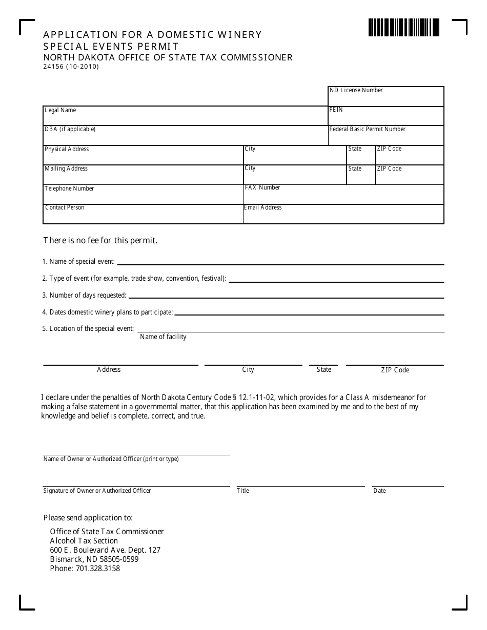 Form 24156 Application for a Domestic Winery Special Events Permit - North Dakota, Page 1