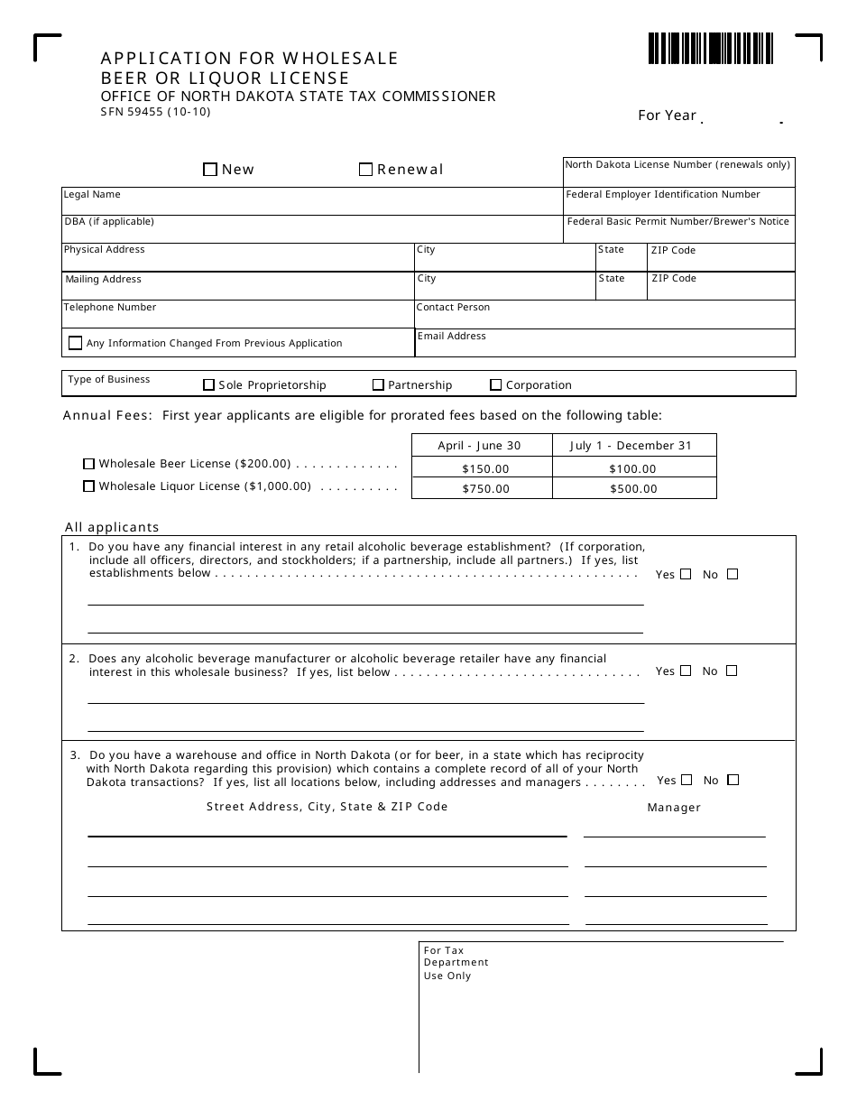 Form SFN59455 Application for Wholesale Beer or Liquor License - North Dakota, Page 1