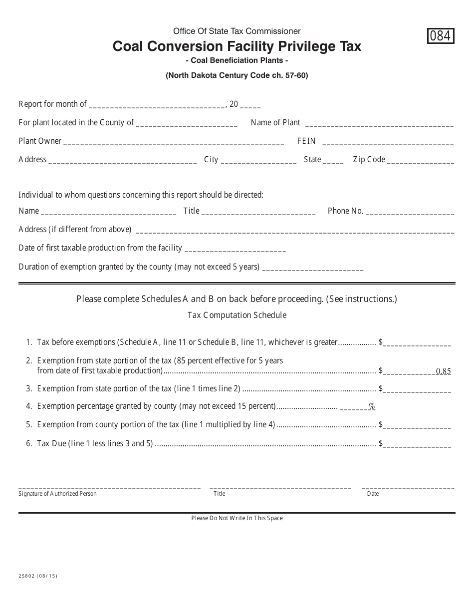Form 25802 Coal Conversion Facility Privilege Tax - North Dakota, Page 1