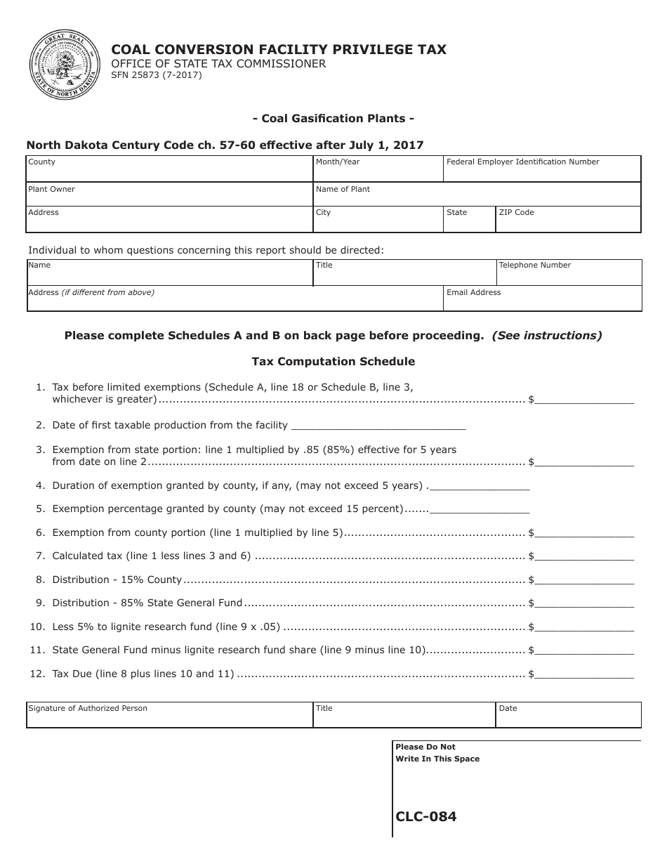 Form SFN25873 Coal Conversion Facility Privilege Tax - Coal Gasification Plants - North Dakota, Page 1