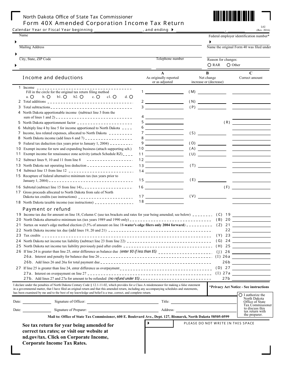Form L02 (40X) Amended Corporation Income Tax Return - North Dakota, Page 1