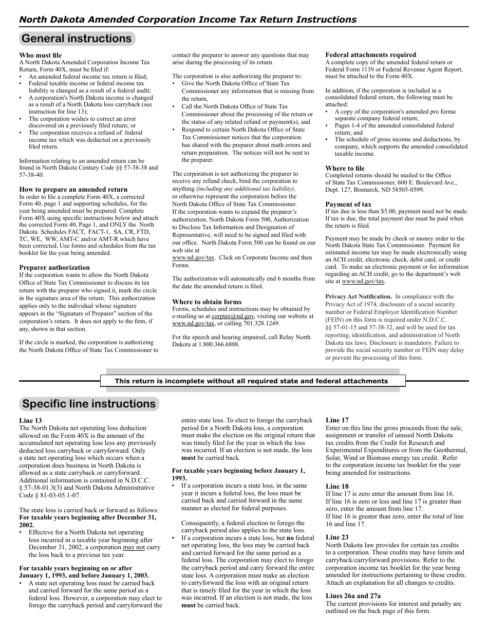 Form L02 (40X) Amended Corporation Income Tax Return - North Dakota, Page 2