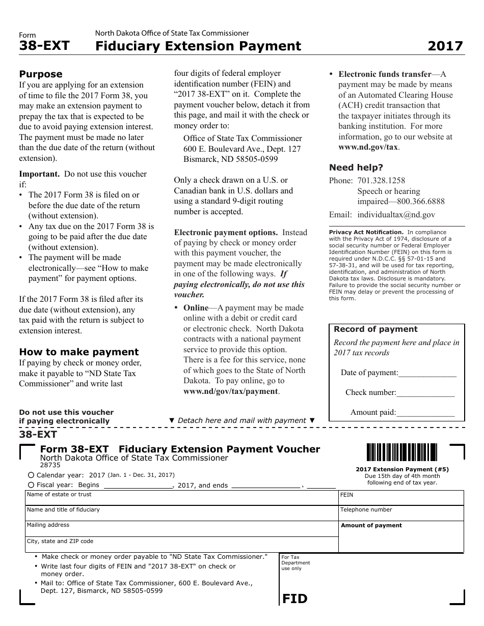 Form 38-EXT Fiduciary Extension Payment - North Dakota, Page 1