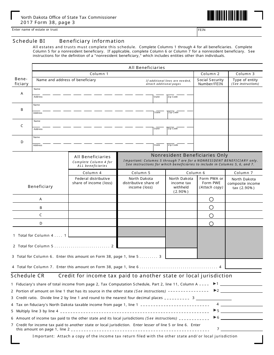 Form 38 Schedule BI Beneficiary Information - North Dakota, Page 1