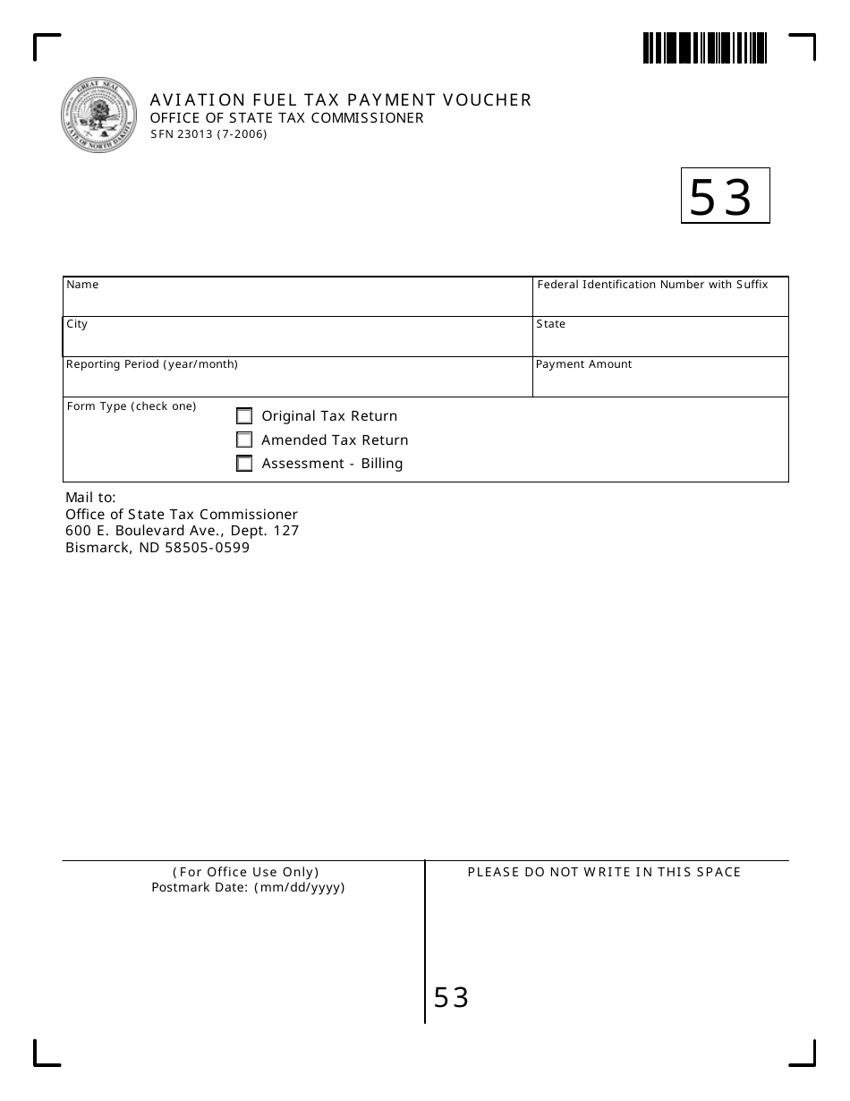 Form SFN23013 Aviation Fuel Tax Payment Voucher - North Dakota, Page 1