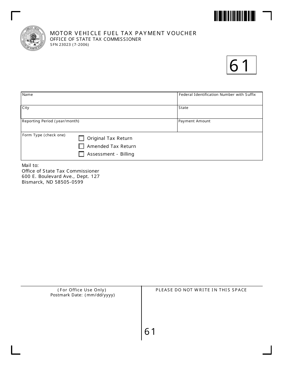 Form SFN23023 Motor Vehicle Fuel Tax Payment Voucher - North Dakota, Page 1