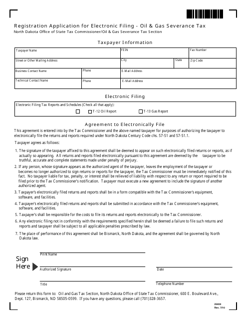 Form 29400 Registration Application for Electronic Filing - Oil & Gas Severance Tax - North Dakota
