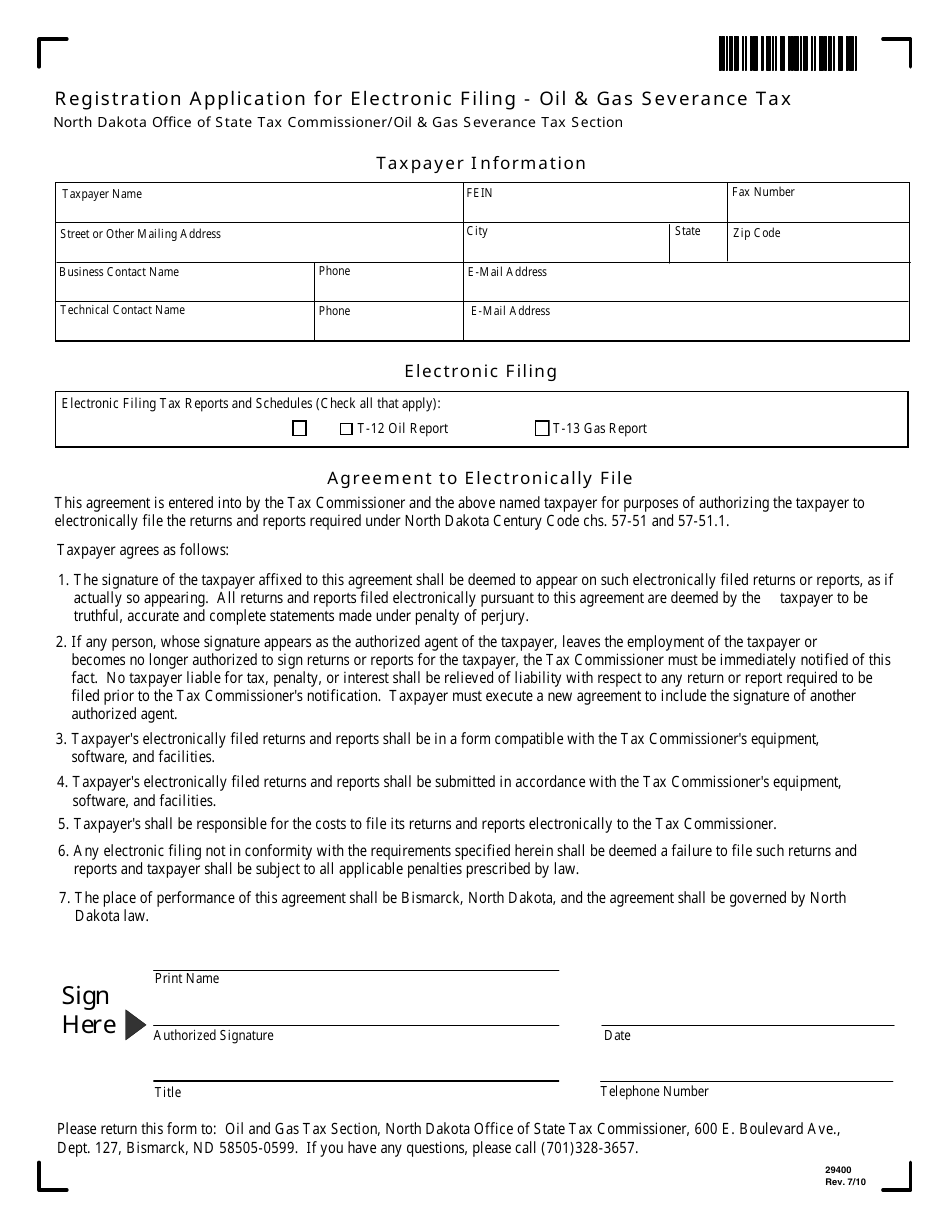 Form 29400 Registration Application for Electronic Filing - Oil  Gas Severance Tax - North Dakota, Page 1