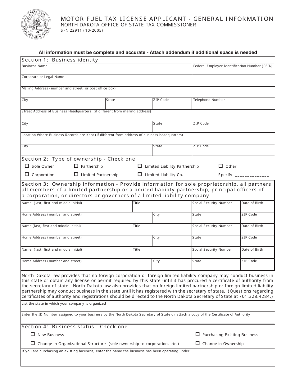 Form SFN22911 Download Fillable PDF or Fill Online Motor Fuel Tax ...