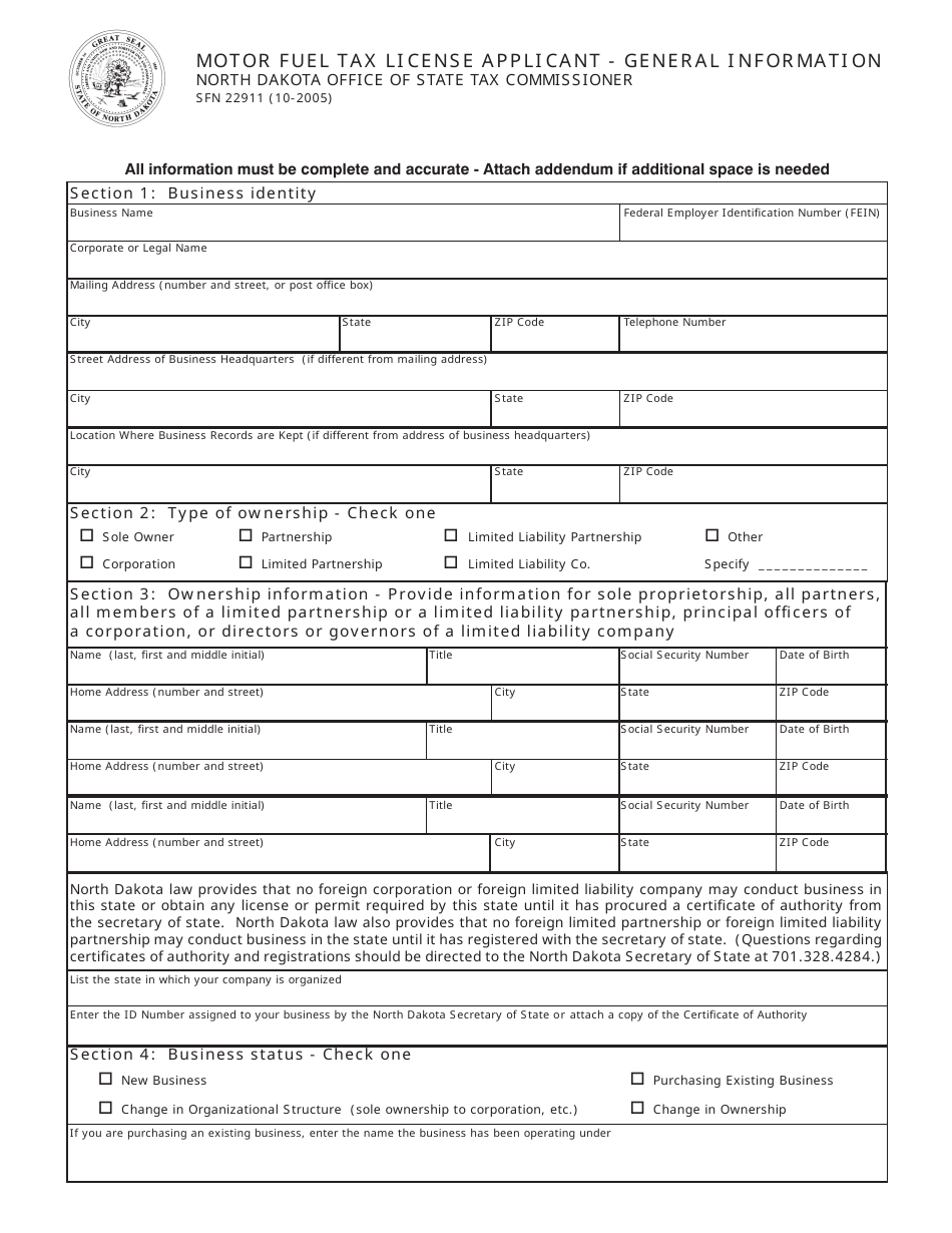 Form SFN22911 Motor Fuel Tax License Applicant - General Information - North Dakota, Page 1