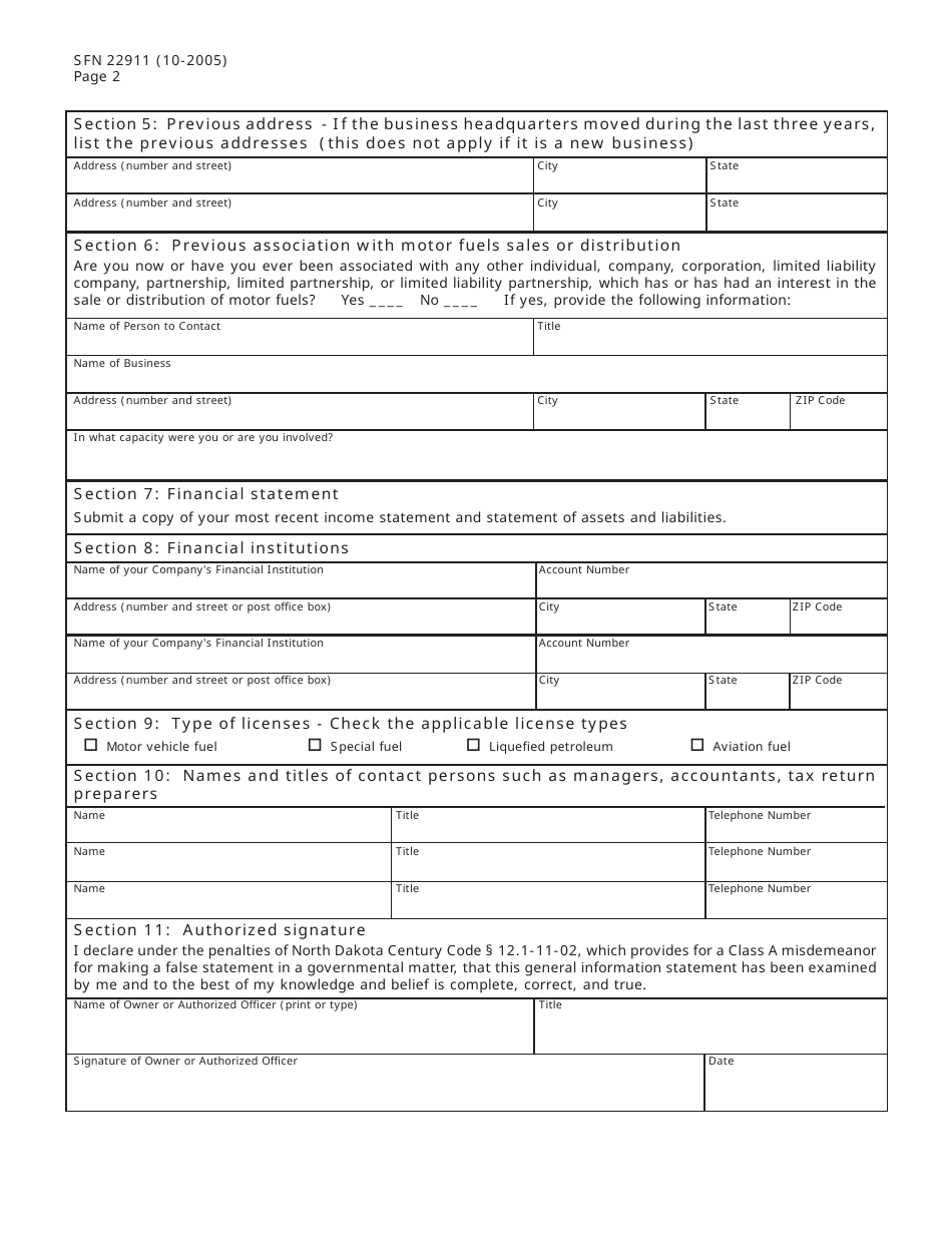 Form SFN22911 Motor Fuel Tax License Applicant - General Information - North Dakota, Page 2