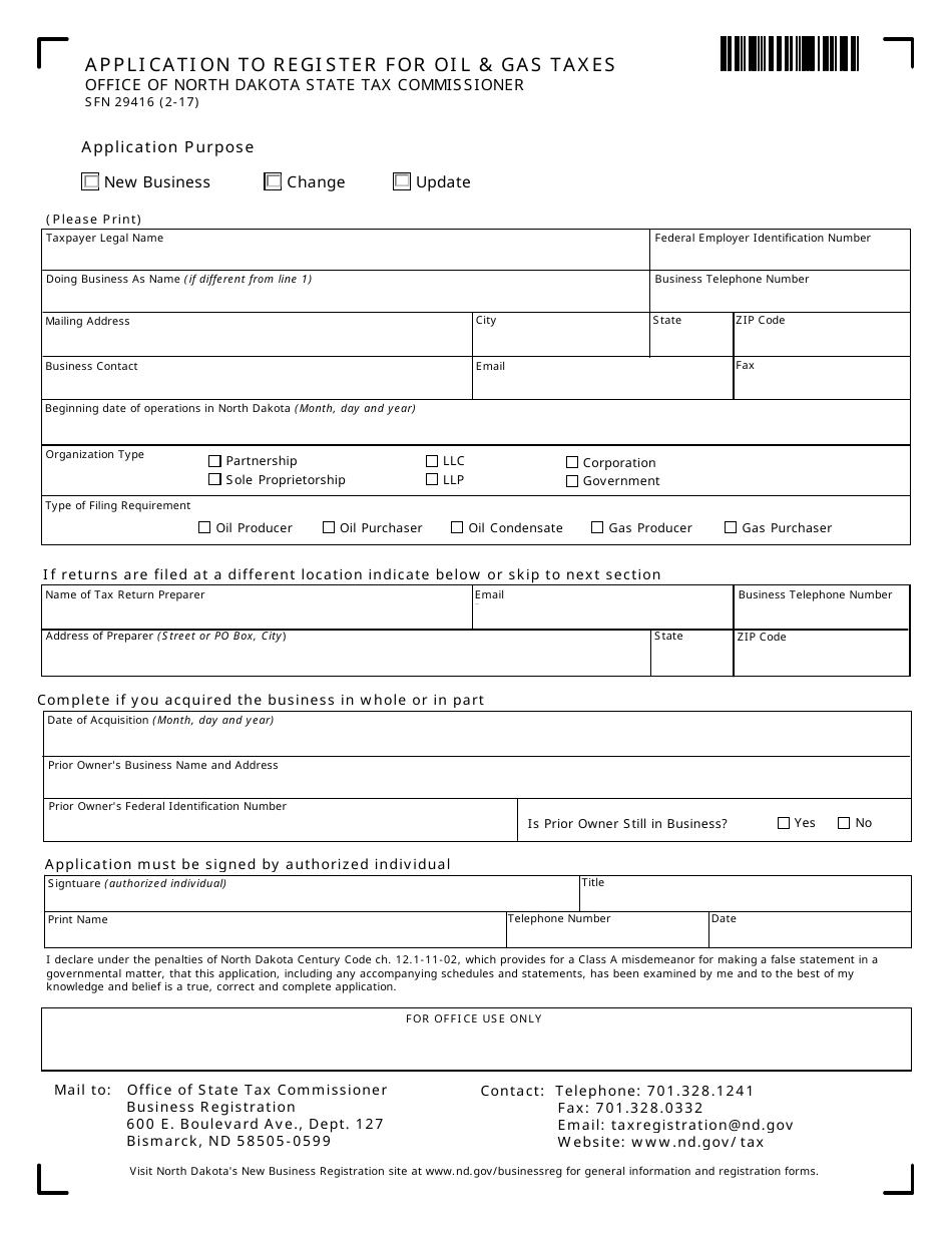 Form SFN29416 Application to Register for Oil  Gas Taxes - North Dakota, Page 1