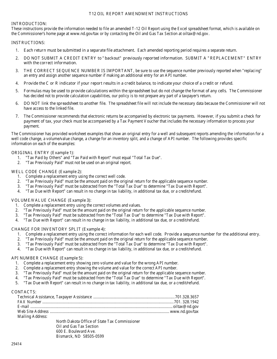 Instructions for Form T12 Oil Report Amendment - North Dakota, Page 1