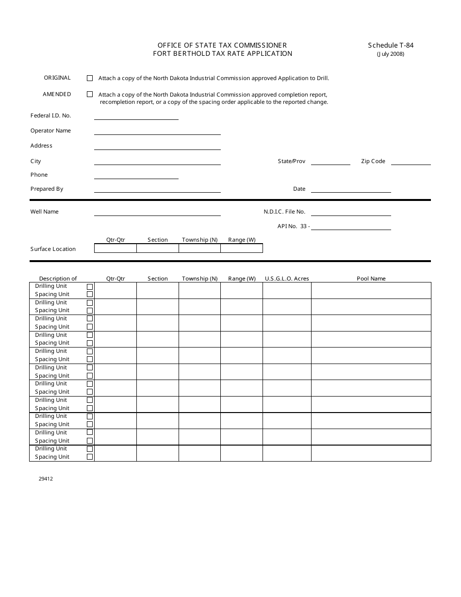 Schedule T-84 Tax Rate Application - Fort Berthold, North Dakota, Page 1