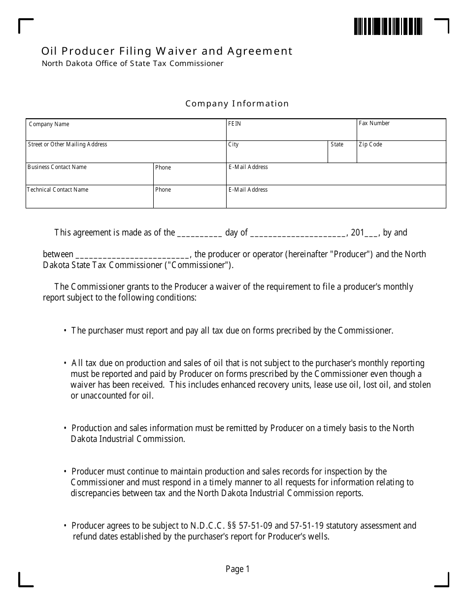 Form 29404 Oil Producer Filing Waiver and Agreement - North Dakota, Page 1
