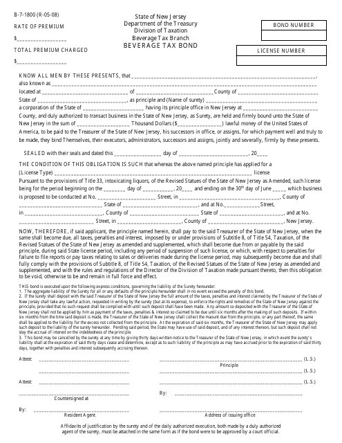 Form B-7-1800 Beverage Tax Bond - New Jersey