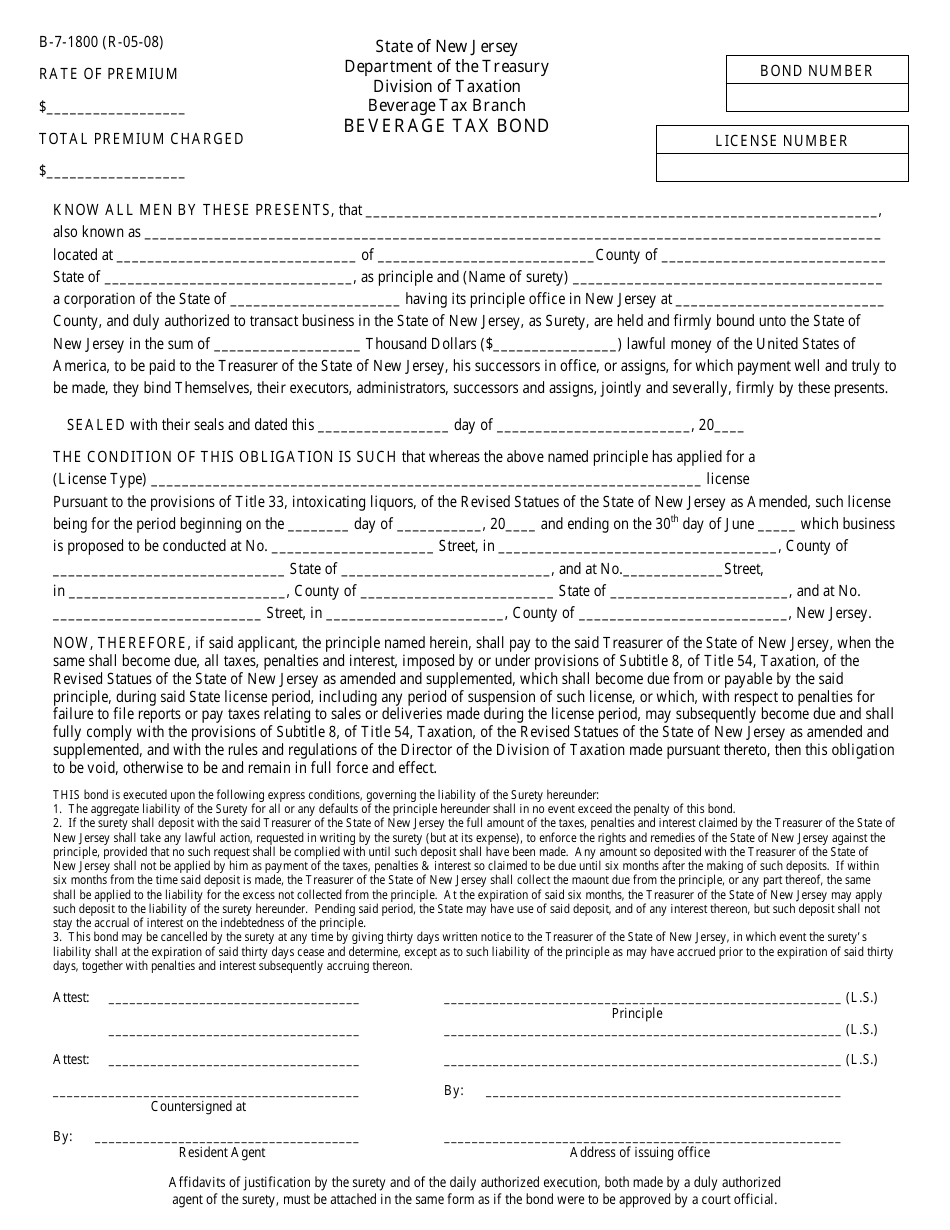 Form B-7-1800 Beverage Tax Bond - New Jersey, Page 1