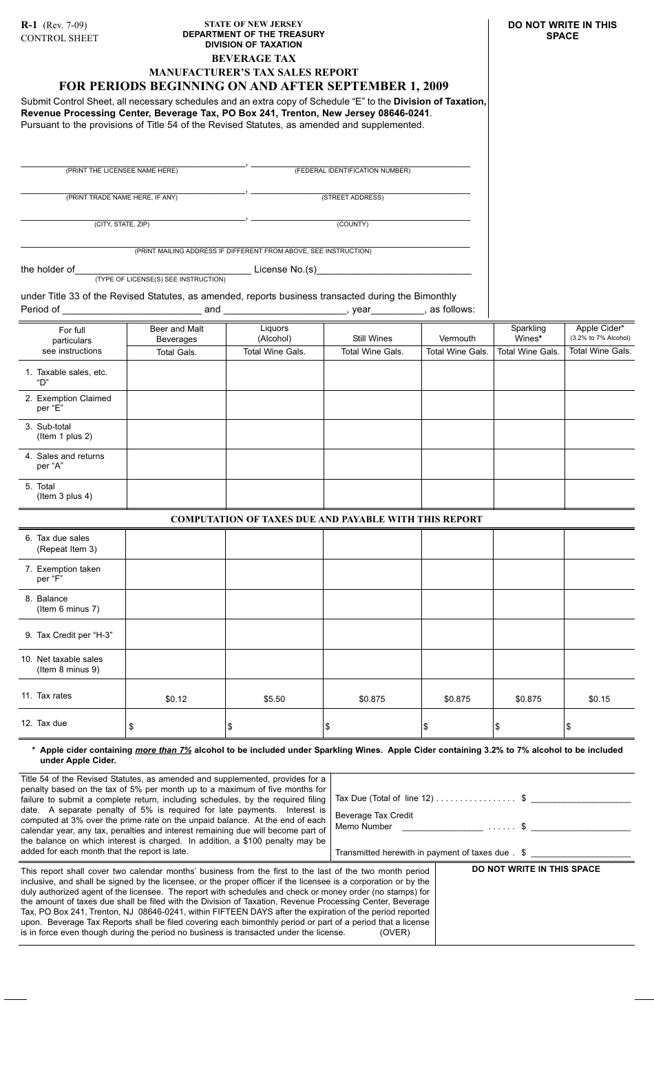 Form R-1 Beverage Tax - Manufacturers Tax Sales Report -periods Beginning on and After September 2009 - New Jersey, Page 1