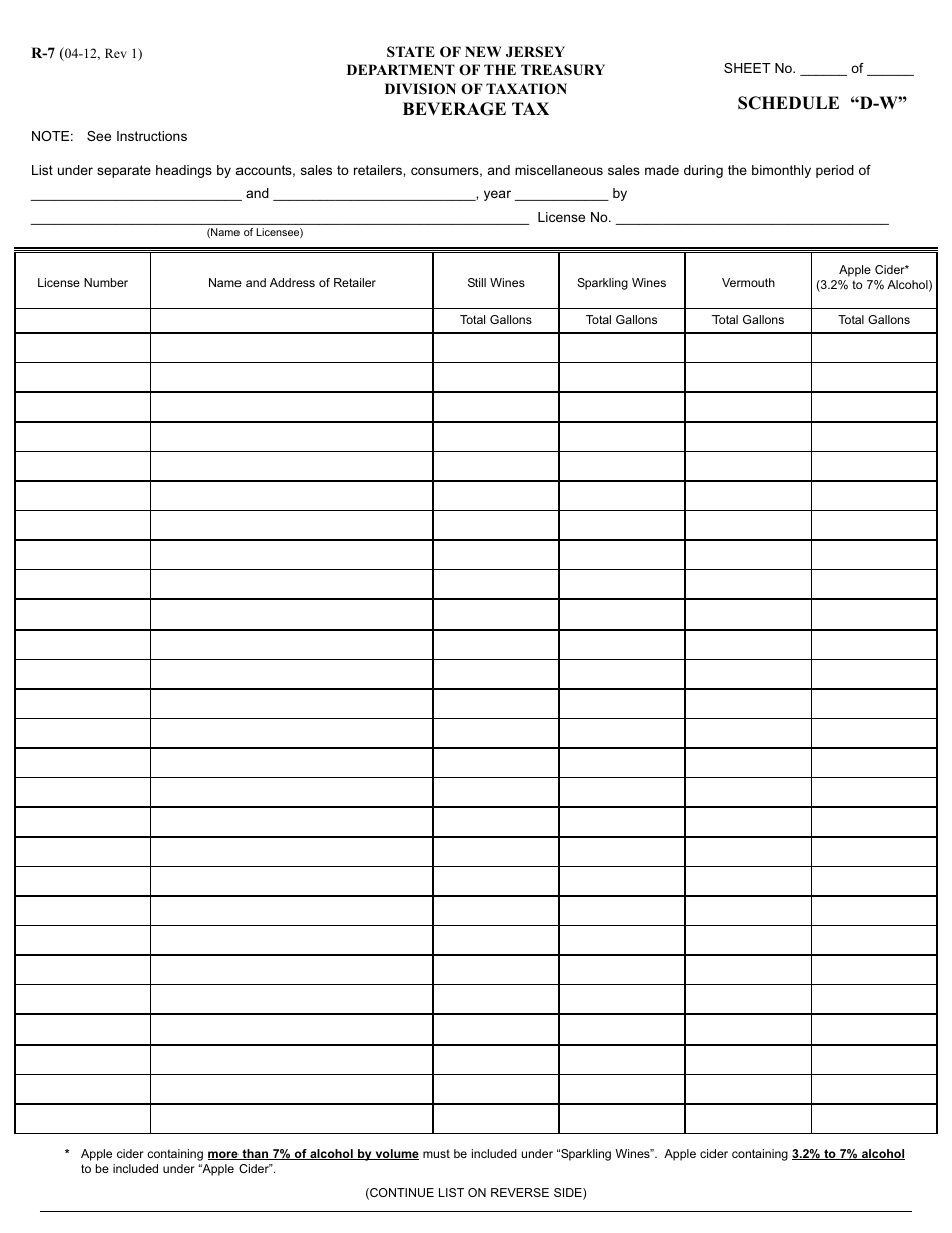Form R-7 Schedule D-W Beverage Tax - New Jersey, Page 1