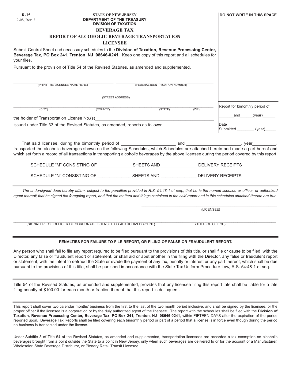 Form R-15 Report of Alcoholic Beverage Transportation Licensee - Beverage Tax - New Jersey, Page 1