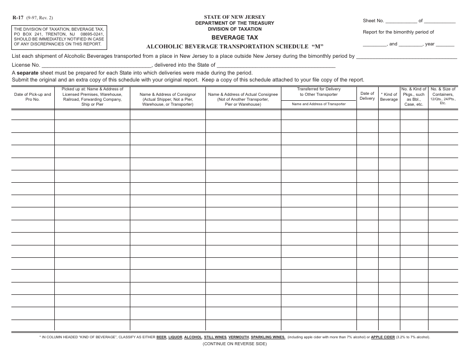 Form R-17 Schedule M Alcoholic Beverage Transportation - New Jersey, Page 1