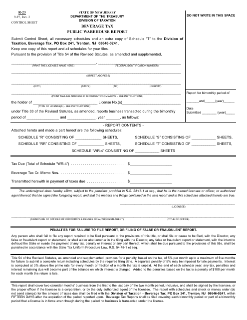Form R-23 Public Warehouse Report - Beverage Tax - New Jersey