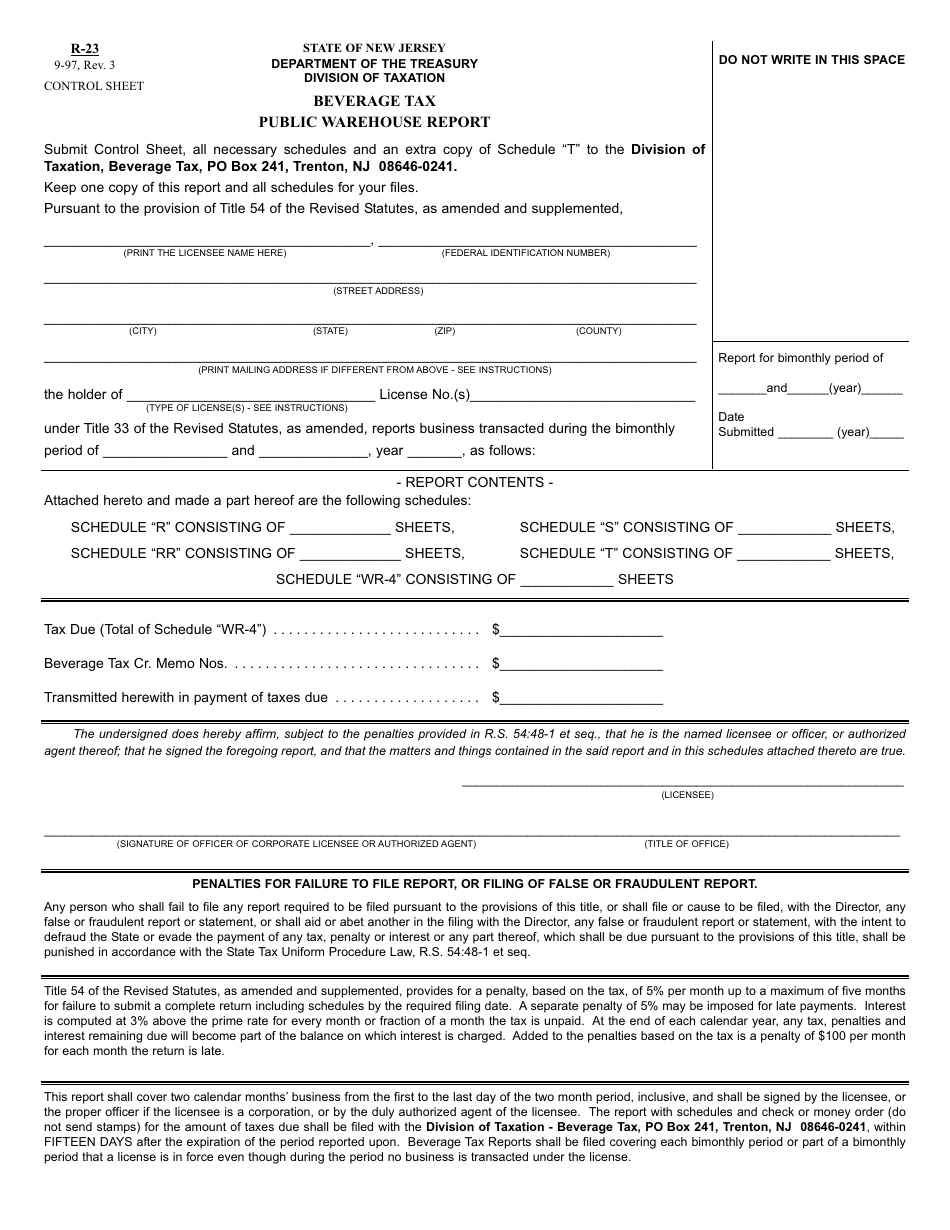 Form R-23 Public Warehouse Report - Beverage Tax - New Jersey, Page 1