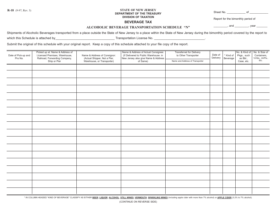 Form R-18 Schedule N Alcoholic Beverage Transportation - New Jersey, Page 1