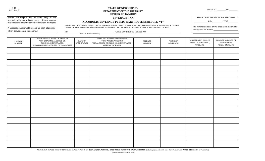 Form R-26 Schedule T Alcoholic Beverage Public Warehouse - New Jersey