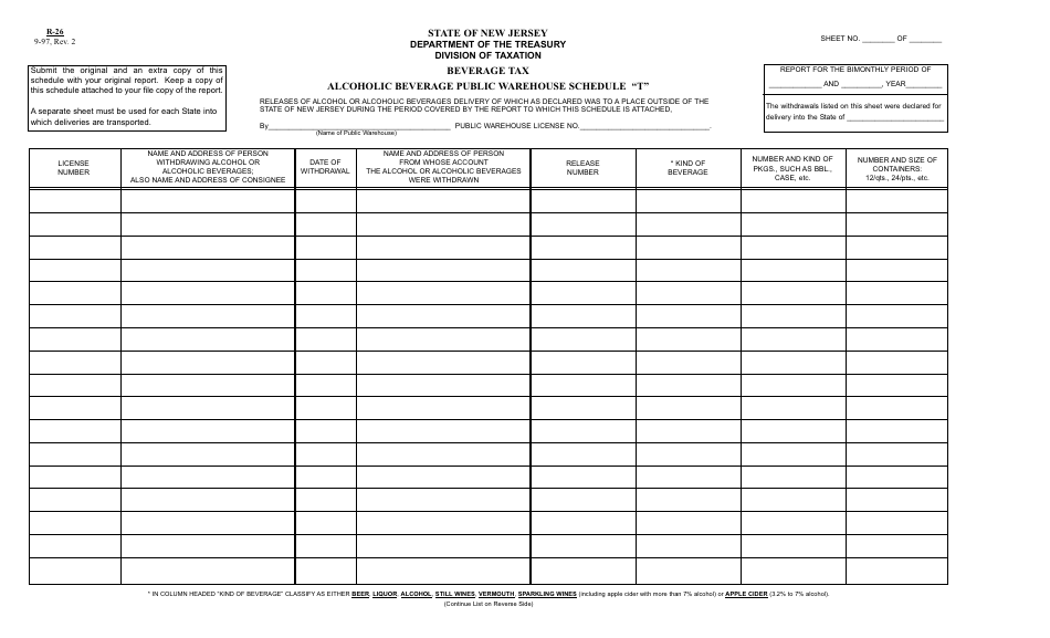 Form R-26 Schedule T Alcoholic Beverage Public Warehouse - New Jersey, Page 1