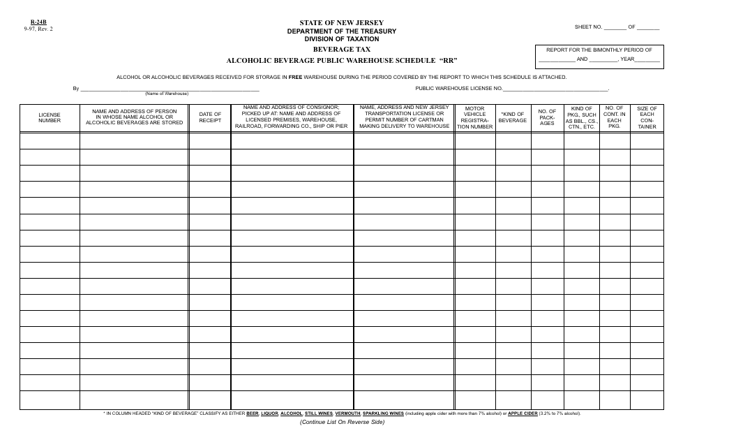 Form R-24B Alcoholic Beverage Public Warehouse Schedule "rr" - New Jersey