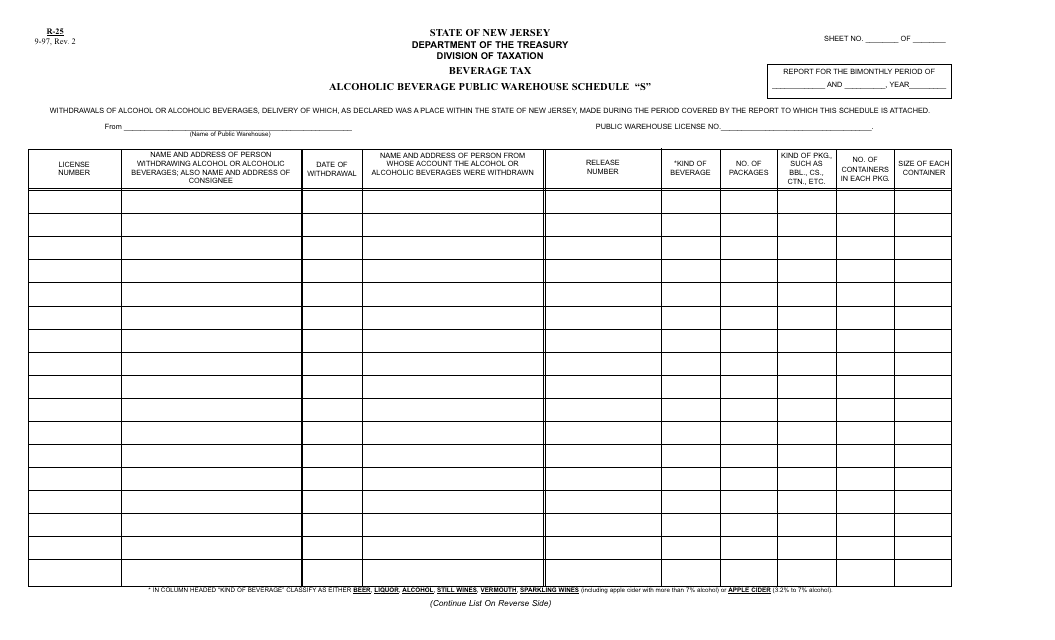 Form R-25 Schedule S Alcoholic Beverage Public Warehouse - New Jersey