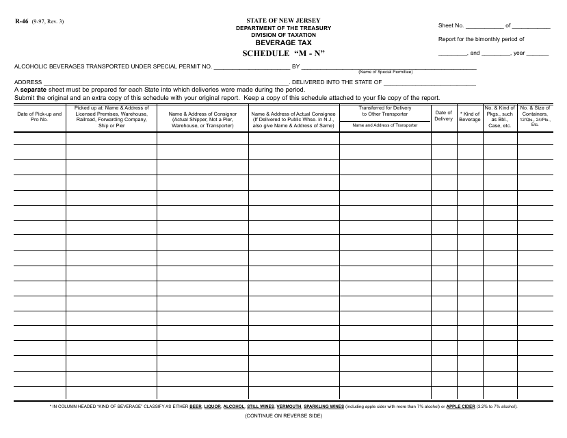 Form R-46 Schedule M-N Alcohol Beverage Tax - New Jersey
