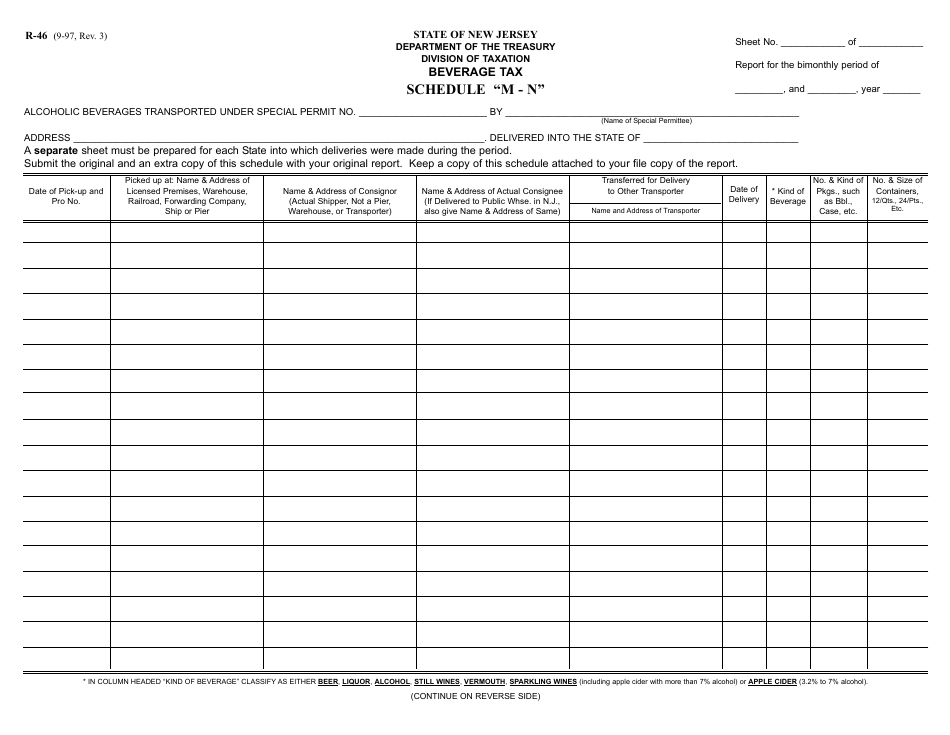 Form R-46 Schedule M-N Alcohol Beverage Tax - New Jersey, Page 1