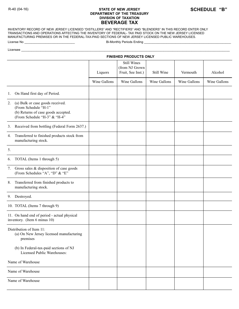Form R-40 Schedule B Inventory Record of Nj Licensed Distillers / Rectifiers / Blenders - New Jersey, Page 1