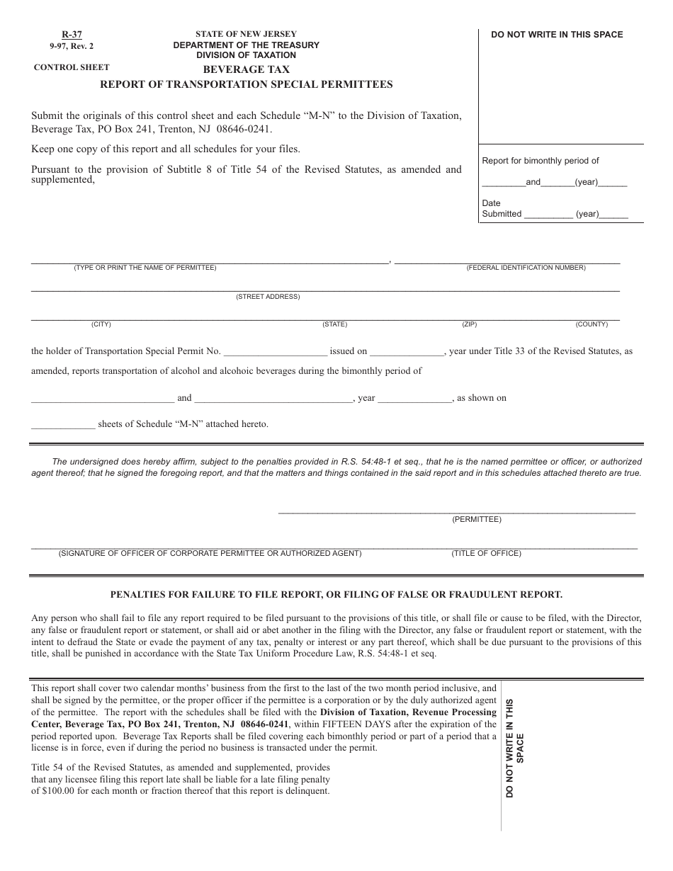 Form R-37 Report of Transportation Special Permittees - New Jersey, Page 1